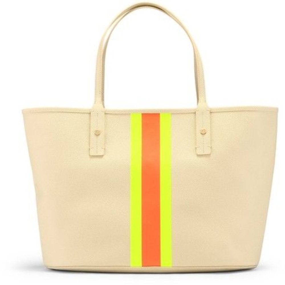 Large C. Wonder Waxed Canvas Tote Bag Beige Cream Neon Orange & Yellow Srtipes